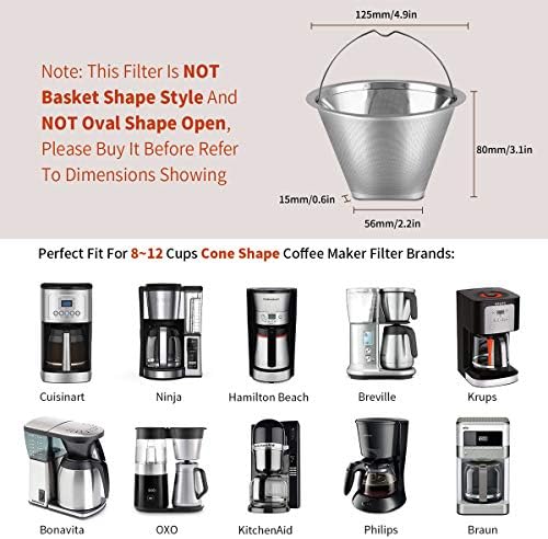 #4 Reusable Permanent Cone Coffee Filters, 8~12 Cup Size 4 Coffee Filters, Perfect Fit for Cuisinart Hamilton Beach Coffee Maker Filter, Replace Cuisinart GTF Gold Tone Coffee Filters