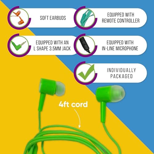 10 Pack Bulk Headphones, Wired Earbuds for Kids, Teens, Adults, Affordable In-Ear with Microphone, 3.5mm Plug, Perfect for Schools, Classrooms, Libraries, Multipack for Wholesale, Multi Color