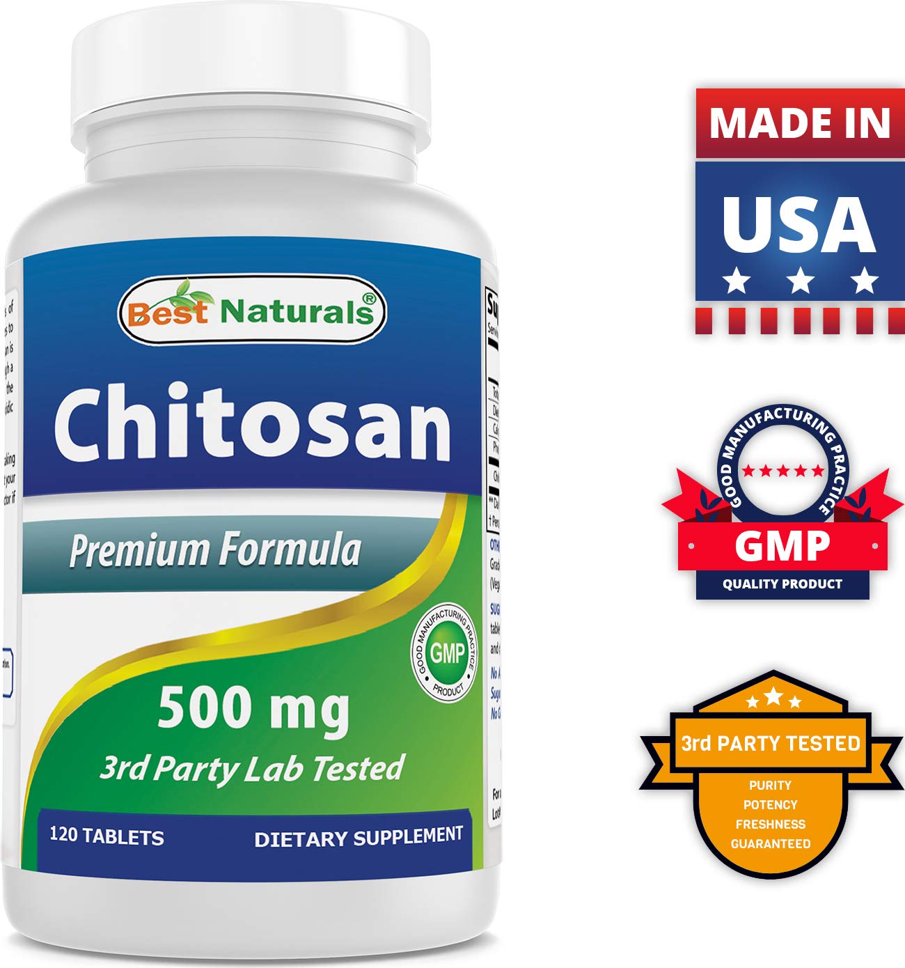 #1 Chitosan 500mg 120 Tablets by Best Naturals - Supports fat absorbing action - Manufactured in a USA Based GMP Certified Facility and Third Party Tested for Purity. Guaranteed!! pack of 2