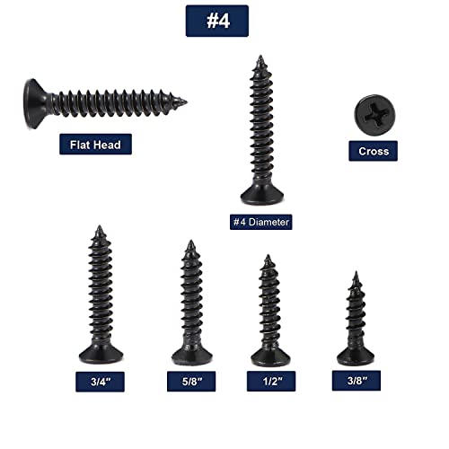 #4 x 1/2" Wood Screw 500Pcs 18-8 (304) Stainless Steel Screws Flat Head Phillips Fast Self Tapping Drywall Screws Black Oxide by SG TZH