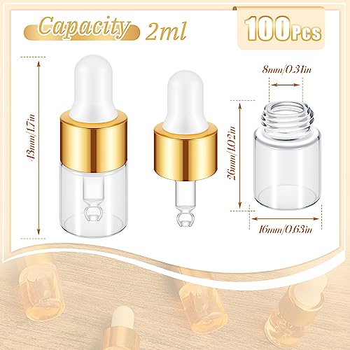 100 Pcs Mini Glass Oil Dropper Bottle Bulk, 2 ml Gold Clear Essential Small Empty Bottles Sample Containers Perfume Liquid Vials with Cap for Traveling