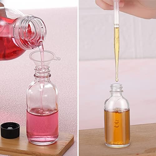 (Pack of 72) 2oz Small Clear Glass Bottles(60ml) with Lids Boston Round Travel Bottles for Vanilla Hot Sauce Juice Whiskey Liquid come with 72 Labels,5 Funnels,5 Droppers,1 Brush&Chalk Marker