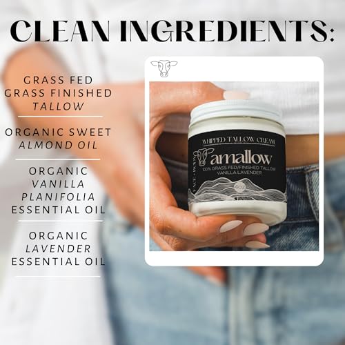 100% Grass Fed Beef Tallow for Skin Care - Face + Body - Whipped Moisturizer - Natural Lotion, 4 FL. oz. (Vanilla Lavender)
