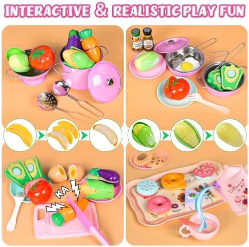 121Pcs Play Kitchen Accessories, Kids Kitchen Playset, Pretend Play Food Tea Party Set, Toy Kitchen Kids Cooking Real with Apron＆Chef Hat, Utensils Cookware Pots＆Pans, Toy Organizer, Toddler Toys Gift