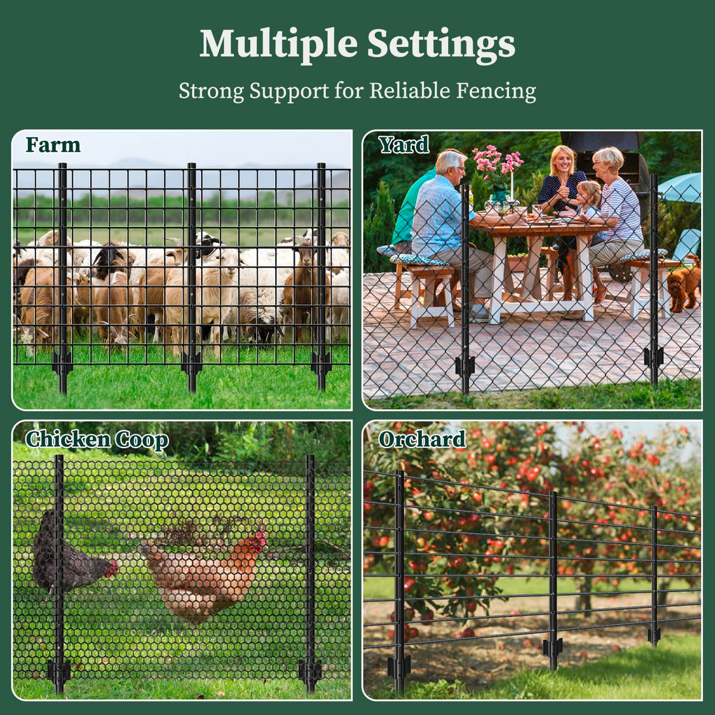 10 Pack Metal Fence Posts, 3ft Heavy Duty U-Post, Black Garden Stakes, No-Dig Post Anchors for Wire Fences, Temporary Fencing, Electric Fence, and Corner Support