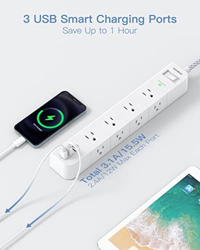 10 ft Extension Cord, Power Strip Surge Protector - 8 Widely AC Outlets 3 USB, Flat Plug, Desktop Charging Station with Overload Protection, Wall Mount for Home, Office, Travel, Computer ETL Listed