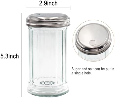 12 oz Retro Style Glass Sugar Shakers Dispenser, Glass Jar, Sugar Shaker, Stainless Steel Pour-Flap Lid, For Sugar，Cinnamon，Bee Pollen，pepper and other spices ，1 Pack