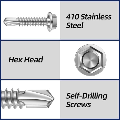 #14 x 1" (3/4" to 3" Available) Hex Washer Head Self Drilling Sheet Metal Screws with Drill Point, Stainless Steel 410, Pack of 50