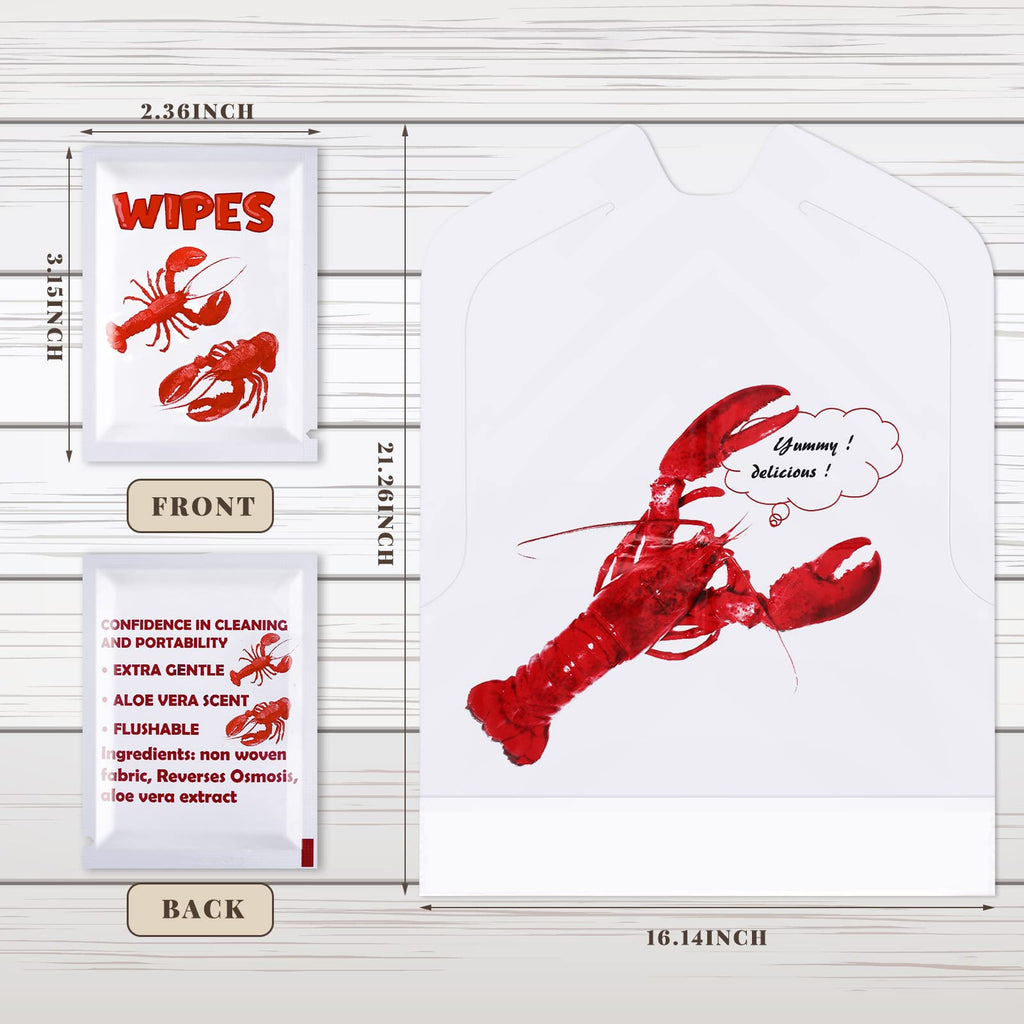 100 Pcs Crab Bib Lobster Bib Wet Wipe Bundle 50 Pcs Disposable Adult Bibs 50 Pcs Moist Towelettes for Seafood Fest (Lobster)