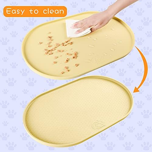 100% Waterproof 0.5" Raised Edge BPA Free Silicone Dog Food Mat, Pet Cat Feeding Mats Contain Spills Protects Floors, Placemats for Cats and Dogs Water Bowl Dishwasher. (Large/XL, Yellow)