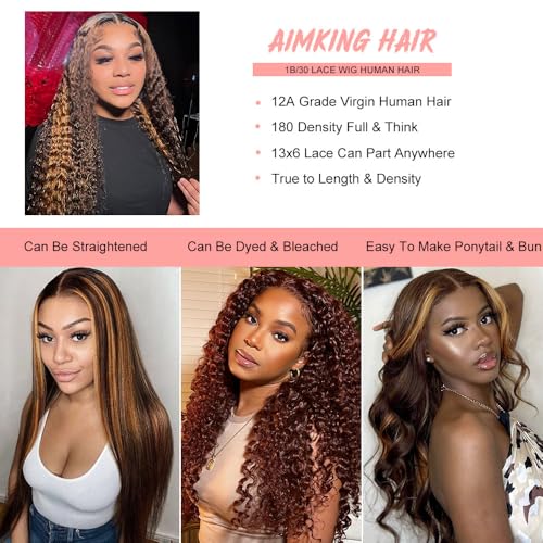 13x6 Highlight Ombre Lace Front Wig Human Hair Wigs For Women 180% Density 1B/30 HD Deep Wave Lace Frontal Wigs Curly Highlight Brown Wig Human Hair Pre Plucked With Baby Hair Colored (38 Inch)