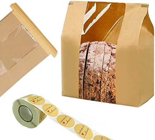 100 Pack Large Kraft Paper Bread Bags for Homemade Bread Loaf Bags 14" x 8.3" x 3.5" with Tin Tie Tab Lock Clear Front Window Bakery Bags Packaging Coffee Cookie Treat Bags with Label Seal Stickers