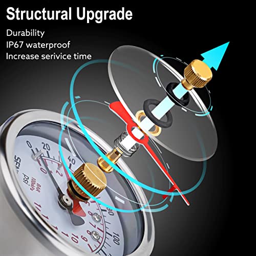0-100 psi Water Pressure Gauge Test with Lazy Hand, Lead-Free, 2-1/2" Dial Size, 3/4" Female Garden Hose Thread, IP67 Waterproof, Stainless Steel Case, for Home Potable Water, House Tube