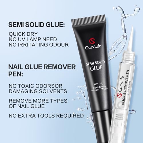 15g Semi Solid Nail Glue Gel with 5ml 3 IN 1Nail Glue Remover, No Need For Uv Light, Gel Glue for Press On Nails, Nial Glue Remover for nails, Click&Remove Pen Design