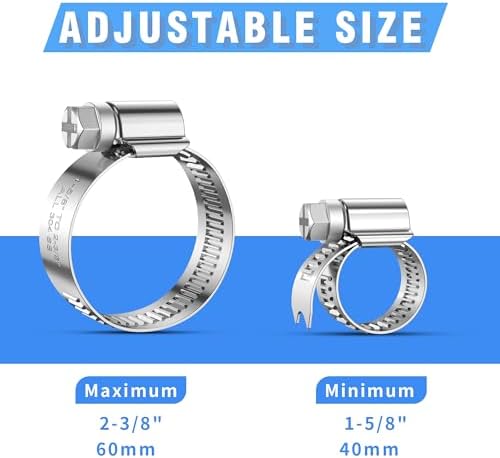12PCS Heavy Duty Hose Clamps Stainless Steel 304,1 5/8" Hose Clamp-2 3/8" Hose Clamp in (40-60mm) Adjustable Worm Gear Drive Radiator Hose Clamps,Pipe Clamp for Plumbing, Garden, Car and Ships