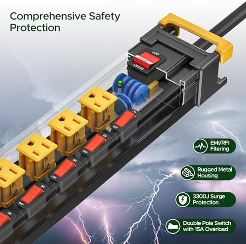 12 Outlet Long Heavy Duty Power Strip with Individual Switches,3300J Surge Protector Metal Power Strip,Wide Spaced,6Ft Cord Managment,ETL Listed(15A/1875W)