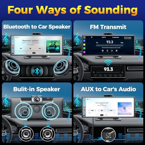 10.26" Wireless Apple CarPlay Android Auto Screen - 4K Dash Cam, GPS Navigation, HD Touchscreen, AirPlay, 1080P Backup Camera, Car Stereo