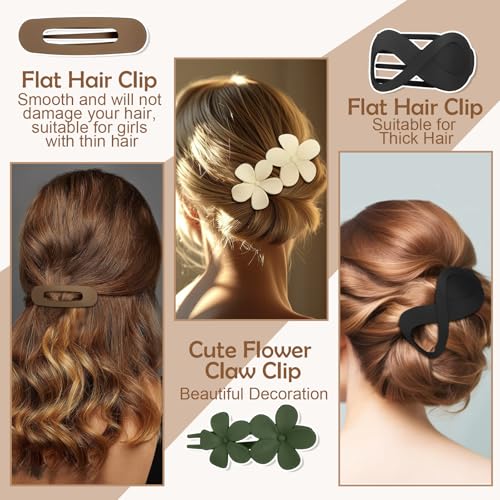 12 Pcs Flat Hair Clips for Women, Lay Flat Claw Clips Flower Hair Clips for Women French Concord Flat Hair Clips, 3 Styles Matte Hair Clips for Thin Thick Hair
