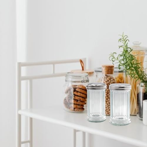 12 oz Retro Style Glass Sugar Shakers Dispenser, Glass Jar, Sugar Shaker, Stainless Steel Pour-Flap Lid, For Sugar/Cinnamon/Bee Pollen/pepper and other spices (Perforated Lid-1pc)