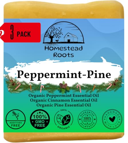 Peppermint-Pine- Grass-Fed Beef Tallow and Organic Oils - Scented with Organic Essential Oils - Artisanal Bar Soap - 3 Pack - Each Bar Unique-