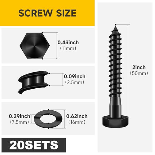 (20Sets) 1/4" x 2" Hex Head Lag Bolts, Heavy Duty Lag Screws with Washers, 304 Stainless Steel Bolts 18-8, Lag Screws Wood Screws, Partial Thread Black Oxide, 1/4 Bolt by Mywish