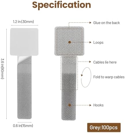 100pcs Hook and Loop Cable Ties, gliship Adhesive Wire Management, Adjustable Cable Straps Cord Wrappers Keeper Cord Holder, Sticky-Back Cord Organizer for Kitchen Appliances at Office, Home - Grey