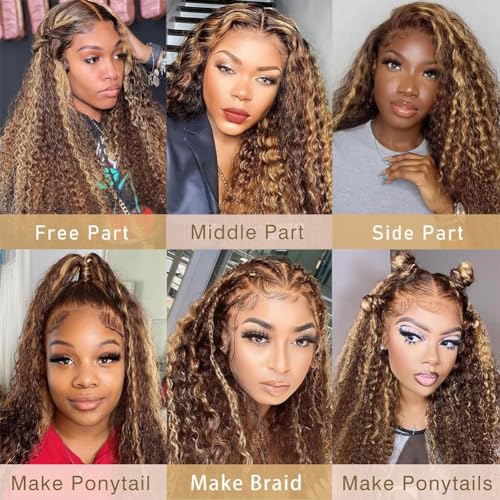 13x6 Highlight Lace Front Wig Human Hair 4/27 Ombre Deep Wave Lace Front Wig Human Hair Pre Plucked With Baby Hair 180% Density Honey Blonde Curly Human Hair Glueless Wigs for Women (28 inch)
