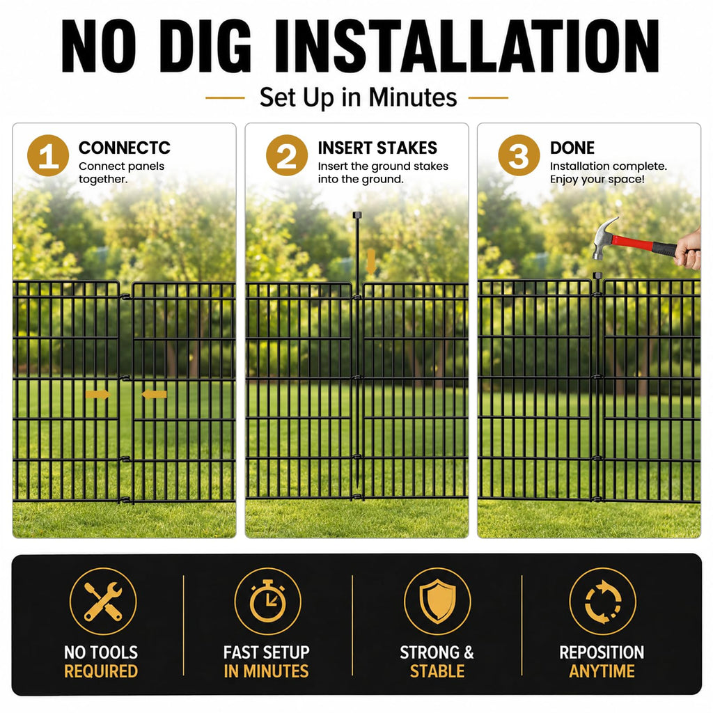 10 Panels No Dig Garden Fence with Gate, 44in(H) × 23.6ft(L) Decorative Metal Outdoor Dog Fence, Rustproof Pet Fencing for Yard, Patio, Flower Bed -Temporary Fencing| Easy to Install