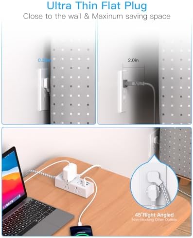 15Ft Extension Cord with Multiple Outlets, Flat Plug Power Strip Surge Protector with 15 Ft Long Cord, 6 Outlet 3 USB Ports (1 USBC) Multi Outlet Wall Plug for Home Office College Dorm Room Essentials