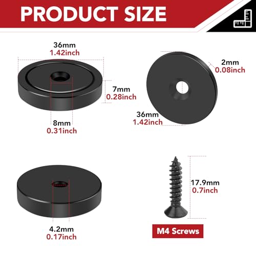 150LBS Waterproof Neodymium Magnets, Strong Magnets Heavy Duty with Screws and Iron Sheets, Round Base Cup Magnet with Countersunk Hole for Wall Mounting, Tools Hanging, etc - Black 6Pcs