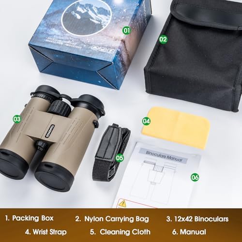 12x42 Binoculars for Adults High Powered Binoculars Waterproof Compact Binoculars with Low Light Night Vision for Hunting Outdoor Sports Concerts Bird Watching Black