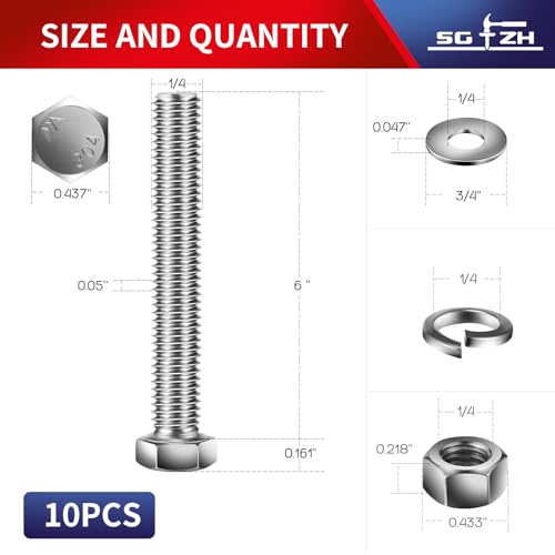 1/4-20 x 6" Hex Head Screw Bolt, Nuts, Flat & Lock Washers, 10Pcs 18-8 (304) Stainless Steel, Fully Threaded, by SG TZH