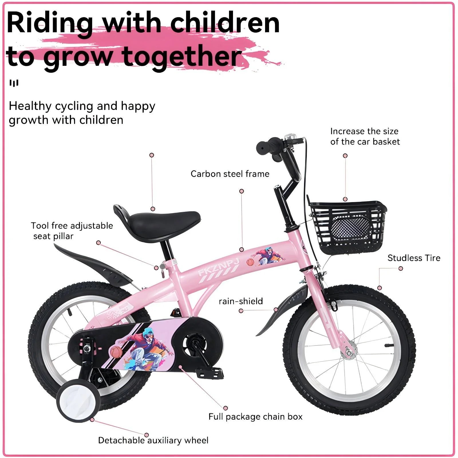 Baprem 18" Girls Bike for 5-9 Years Old Kids, Cute Kids Bike with Training Wheels, Steel Frame Sporty Children Bicycle, Pink