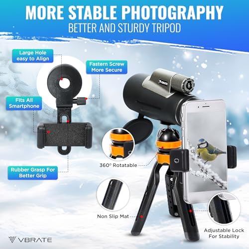 12x56 HD Monocular Telescope High Powered for Adults with Smartphone Adapter, Tripod - Compact Monocular Scope with Clear Low-Light Night Vision for Star Watching, Bird Watching, Hiking