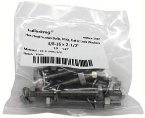 (6 Sets) 3/8-16x2-1/2 Stainless Steel Hex Head Screws Bolts, Nuts, Flat & Lock Washers, 18-8 (304) S/S, Fully Threaded by Bolt Fullerkreg