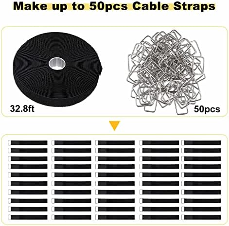 1"x32ft Hook and Loop Straps with 50 Metal Buckles, Adjustable Fastening Cable Straps, Cut-to-Length Cinch Strap, Reusable Nylon Securing Cord Ties for Organizer or Storage, 1 inch Wide, Black