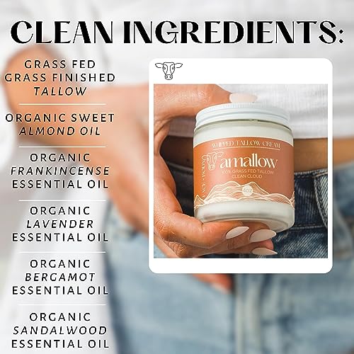 100% Grass Fed Beef Tallow for Skin Care - Face + Body - Whipped Moisturizer - Natural Lotion, 4 FL. oz. (Clean Cloud)