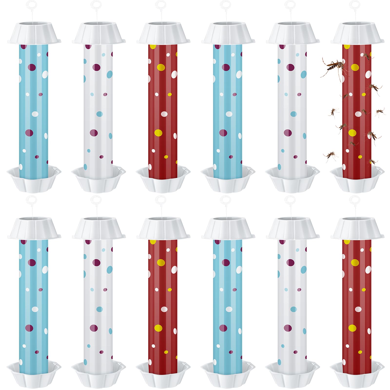 12 Pcs Sticky Fly Trap Fly Stick Indoor Outdoor Long Lasting Adhesive Fly Catcher with Hanging Hook for Wasps Gnats Bugs Insects Moths Fruit Flies Mosquitoes Spiders Fleas (White, Blue, Red)