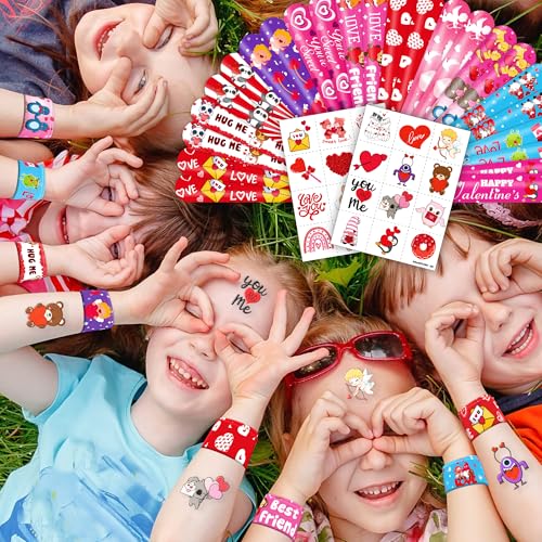 144 PCS Valentine Party Set - 72 Temporary Tattoos & 72 Slap Bracelets - Perfect for Themed Parties, Baby Showers, Classroom Rewards & Gifts for Kids