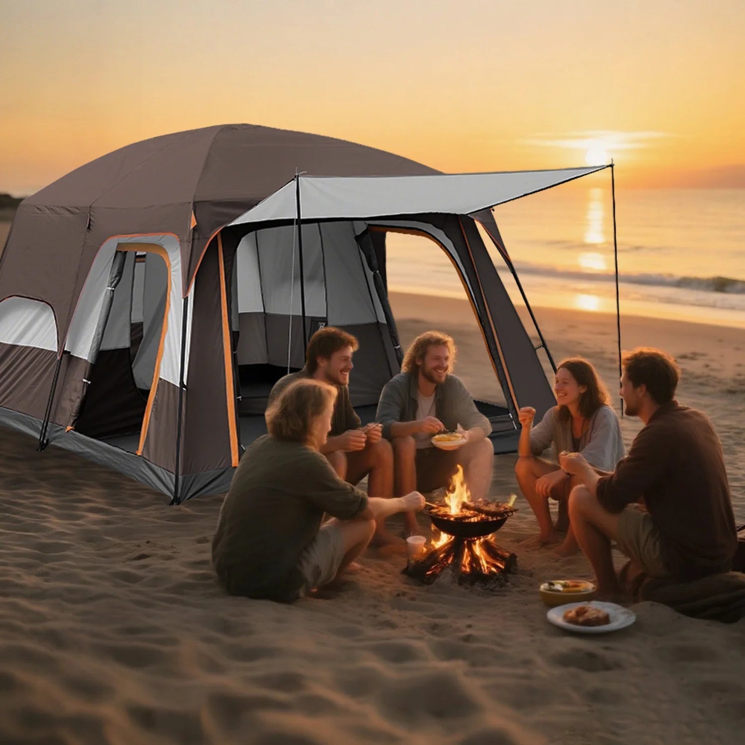 KFeng 12 Person Tents for Camping - 2Rooms 3Doors&3Windows Mesh,Suitable for Outdoor/Picnic,Brown