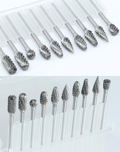 10Pcs 1/8" Shank Carbide Burr Bits Compatible with Dremel Bits Metal Grinding Bits Wood Stone Carving Cutting Engraving Grinder Kit Attachment Rotary Tool Accessories Set Harder Than Diamond