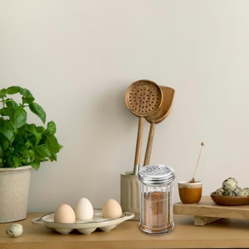12 oz Retro Style Glass Sugar Shakers Dispenser, Glass Jar, Sugar Shaker, Stainless Steel Pour-Flap Lid, For Sugar/Cinnamon/Bee Pollen/pepper and other spices (Perforated Lid-1pc)