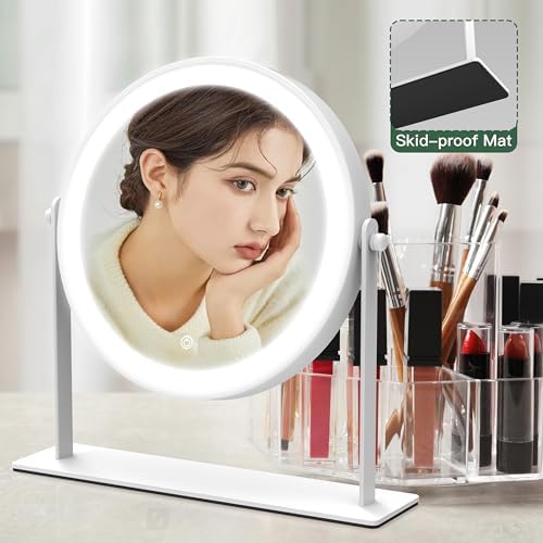 10"x10" Lighted Makeup Mirror, Vanity Mirror with Lights, Dimmable Touch Screen, Light up Mirror, Portable Travel Mirror, Cosmetic Mirror for Makeup Desk, 360° Rotation, White