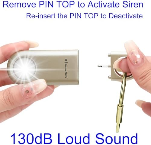 130dB Personal Safety Alarm Strobe Light. Loud Sound Keychain Siren with Carabiner for Women, School Children, Night Runners, Hiking. Bear Alarm Deterrent. SOS Emergency Self Defense Alerts. Gold