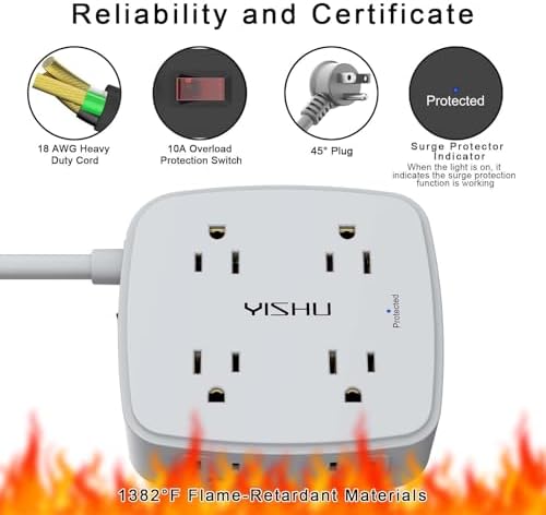 10 Ft Surge Protector Power Strip - 8 Widely Outlets with 4 USB Ports, 3 Side Outlet Extender with 10 Feet Extension Cord, Flat Plug, Wall Mount, Desk USB Charging Station, ETL, Grey