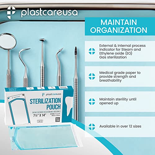 1000 7.5 X 13 Self Sterilization Pouches for Dental Offices, Autoclave Sterilizer Bags Pouch for Dentist Tools, for Cleaning Tools, 200 Pouches Per Box, 1 Box of Paper Blue Film