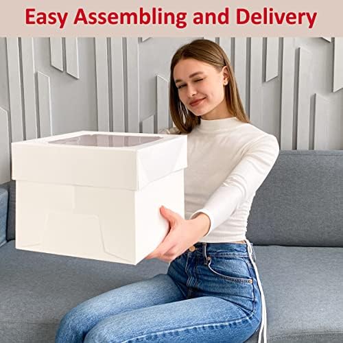 10x10x8 Bulk 15 Pcs Tall Multi-Layer Cake Boxes 10 Inch with Window Clear Bakery Box Square White Large Disposable Pie Boxes Package for Bake Decorating Supplies Pastry Box (80 Pcs Stickers)