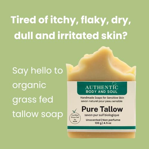 1 Ingredient Organic Tallow Soap for Sensitive Skin - 130 grams each, Pack of 2 - Premium Unscented and Fragrance Free Beef Tallow Skincare, Certified Grass-Fed by AGW (2 Pack Unscented)