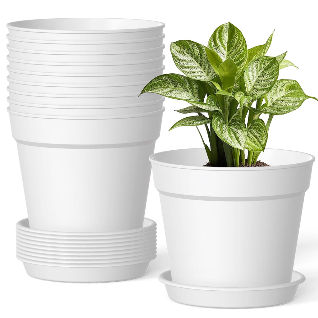 10 Pack 6 Inch Plant Pots with Drainage and Saucers, White Plastic Flower Pots for Indoor and Outdoor Plants, Stackable Nursery Planters for Houseplants and Herbs, White