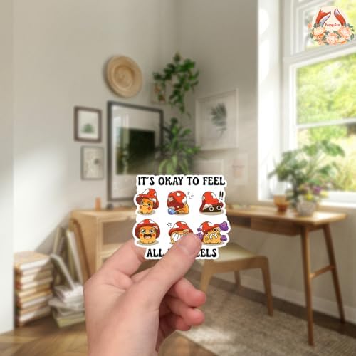 (3Pcs) It's Okay to Feel All The Feels Sticker Mental Health Positive Quote Mushroom Decal Waterproof Vinyl Sticker Adult for Laptop Kindle Car Tumbler Water Bottle Mug Notebook Helmet - Size 3”x2.6”
